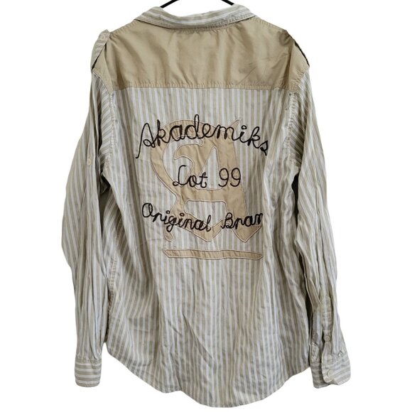 Akademiks Lot 99 Button Front Shirt Mens Size 2XL Tan Striped Long Sleeve - Picture 1 of 4